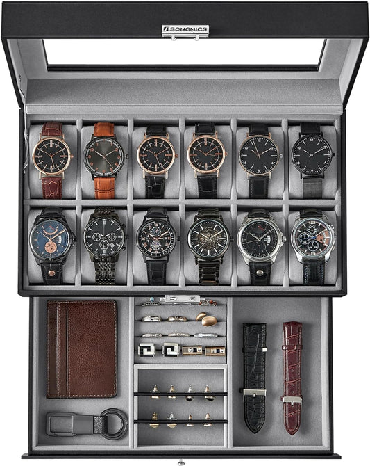 12-Slot Watch Box, Lockable Watch Case with Glass Lid, 2 Layers, with 1 Drawer for Rings, Bracelets,Christmas Gift, Black Synthetic Leather, Gray Lining UJWB012