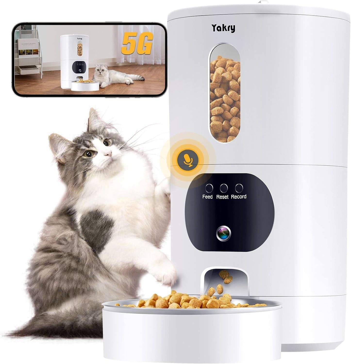 Automatic Cat Feeders Camera 5G: Wifi Easy to Clean Timed Smart Dog Food Dispenser 2-Way Audio Memory Function Pet Feeder HD 1080P Video Record APP Control Dry Food Clear Night Vision