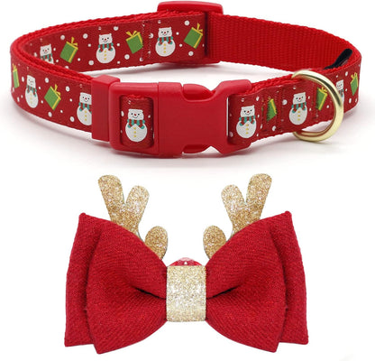 Festive Adjustable Christmas Dog Collar with Antler Bow Tie and Snowman Design for Medium Dogs