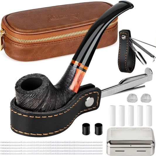 Smoking Pipe Set with PU Leather Pouch,Wood Pipe with 4-In-1 Pipe Stand Holder and Pipe Accessories,Beginner Pipe Kit