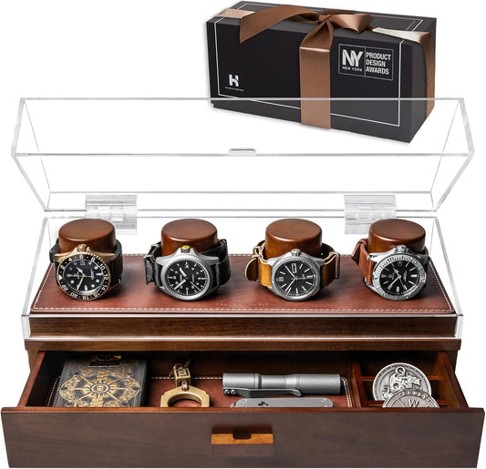 The Watch Deck Pro: Made to Show off Your Collection — Stylish Display Case for 4 Watches – Christmas Gift for Men – Accessory Drawer, Wooden Posts & Leather Lining – Men’S Watch Box & Watch Case