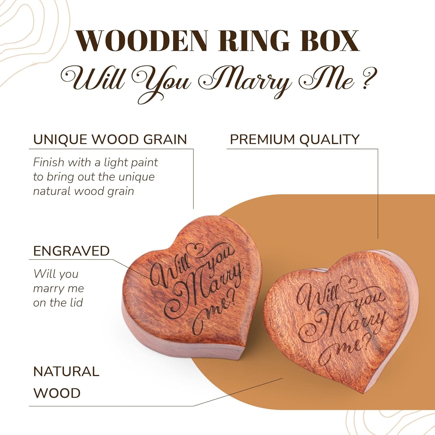 Ring Box Heart - Handmade Wooden Ring Box for Proposal, Engagement Ring Box Wood, Unique Proposal Ring Box Engraved with Will You Marry Me? (Heart Shape Ring Box)