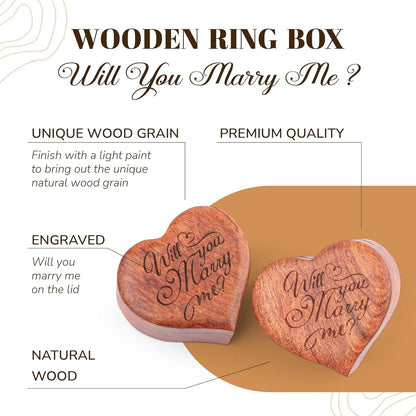 Ring Box Heart - Handmade Wooden Ring Box for Proposal, Engagement Ring Box Wood, Unique Proposal Ring Box Engraved with Will You Marry Me? (Heart Shape Ring Box)