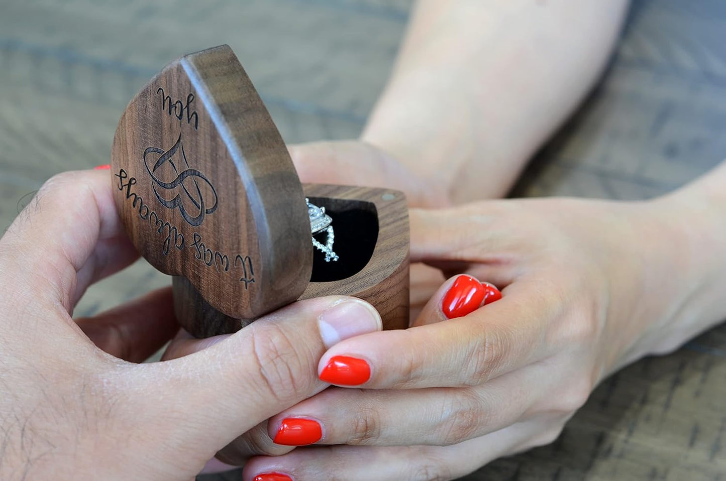 Engagement Ring Box for Proposal Pocket Size Walnut Wooden Heart Engraved (It Was Always You)