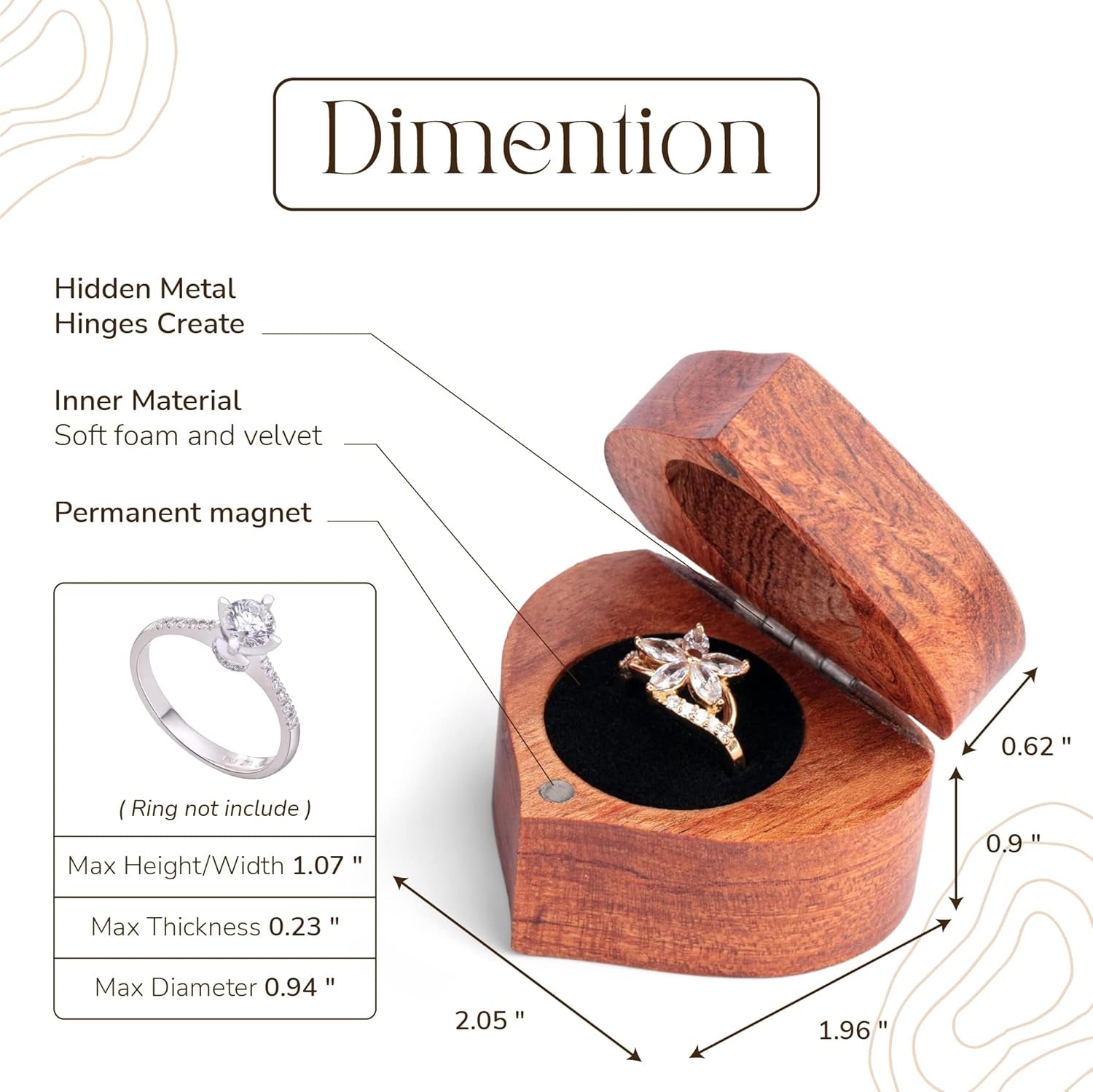 Ring Box Heart - Handmade Wooden Ring Box for Proposal, Engagement Ring Box Wood, Unique Proposal Ring Box Engraved with Will You Marry Me? (Heart Shape Ring Box)