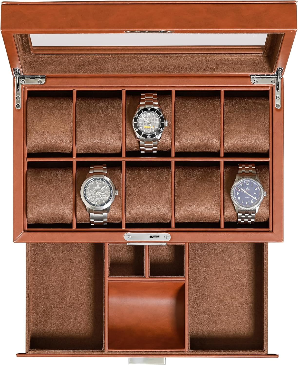 10-Slot Watch Box in Leather with Valet Drawer, Luxury Watch Case Display Organizer with Ultra Soft Microsuede Liner, Jewelry and Sunglass Holder with Large Glass Top (Tan/Brown)