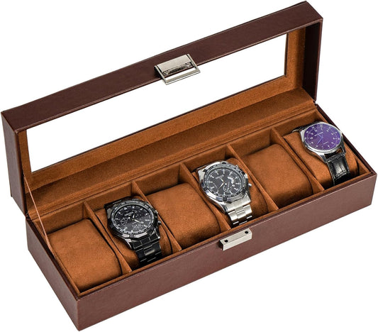 Watch Box for Men, 6 Slot Mens Watch Case, Watch Storage Watch Holder Organizer for Men, Watch Display Case with Glass Lid -6 Slot, Brown