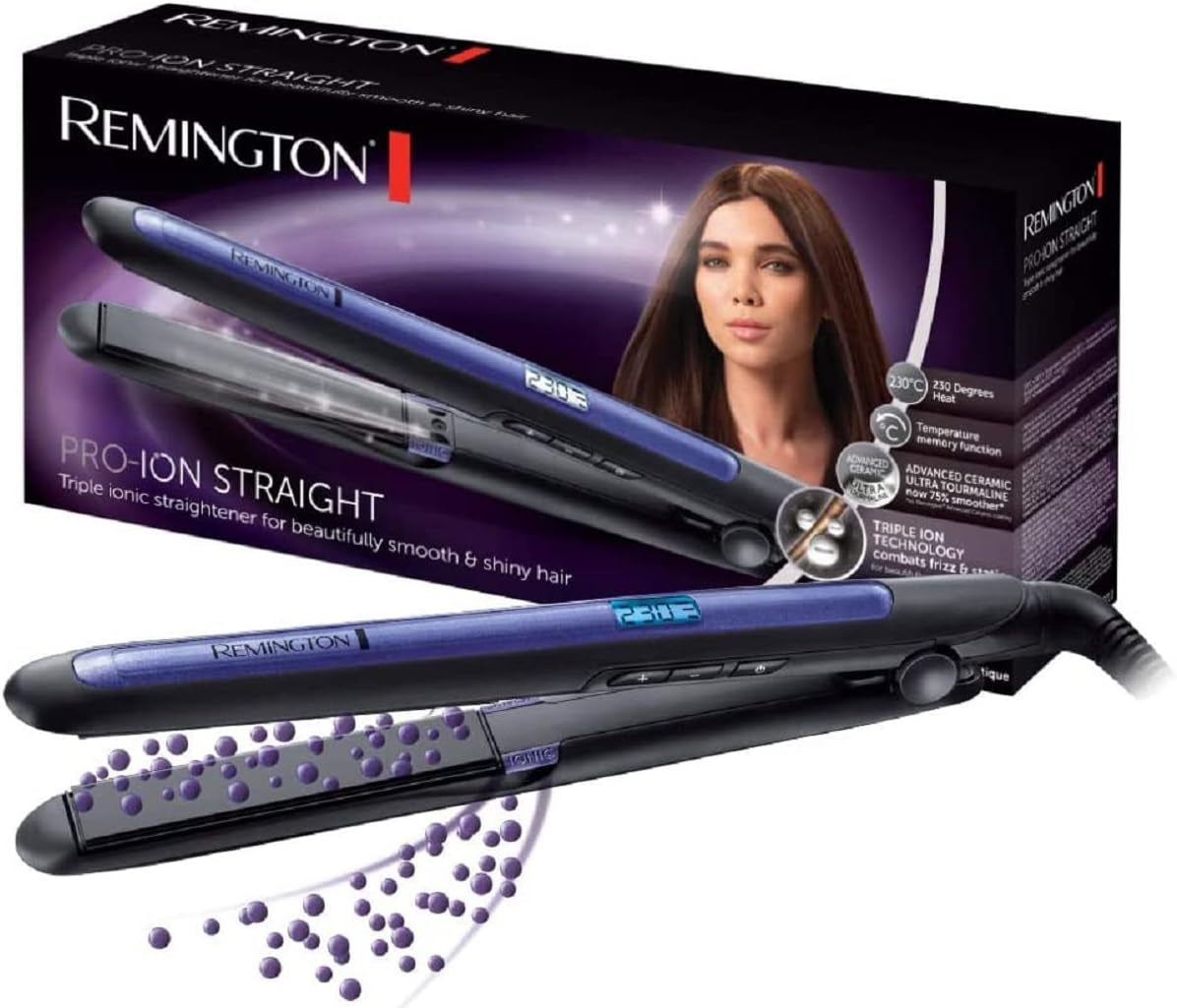 Remington Glätteisen [Dreifache Ionen-Technologie: Weniger Frizz & Statische Aufladung] Pro-Ion (Ultra-Turmalin-Keramikbeschichtung, Lcd-Display,150-230°C,Temp.-Boost-Funktion) Haarglätter S7710