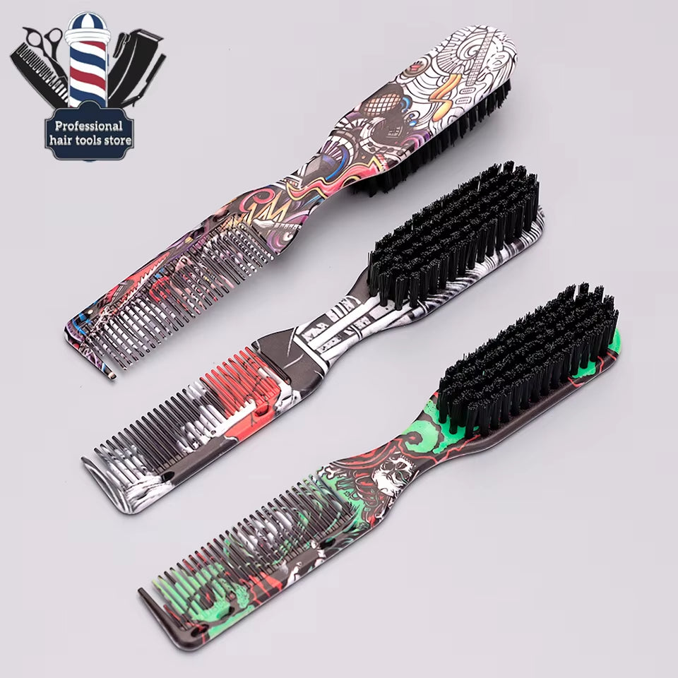 Double-Sided Comb Printed Pattern Beard Styling Brush Professional Shave Beard Brush Barber Broken Hair Remove Comb for Men