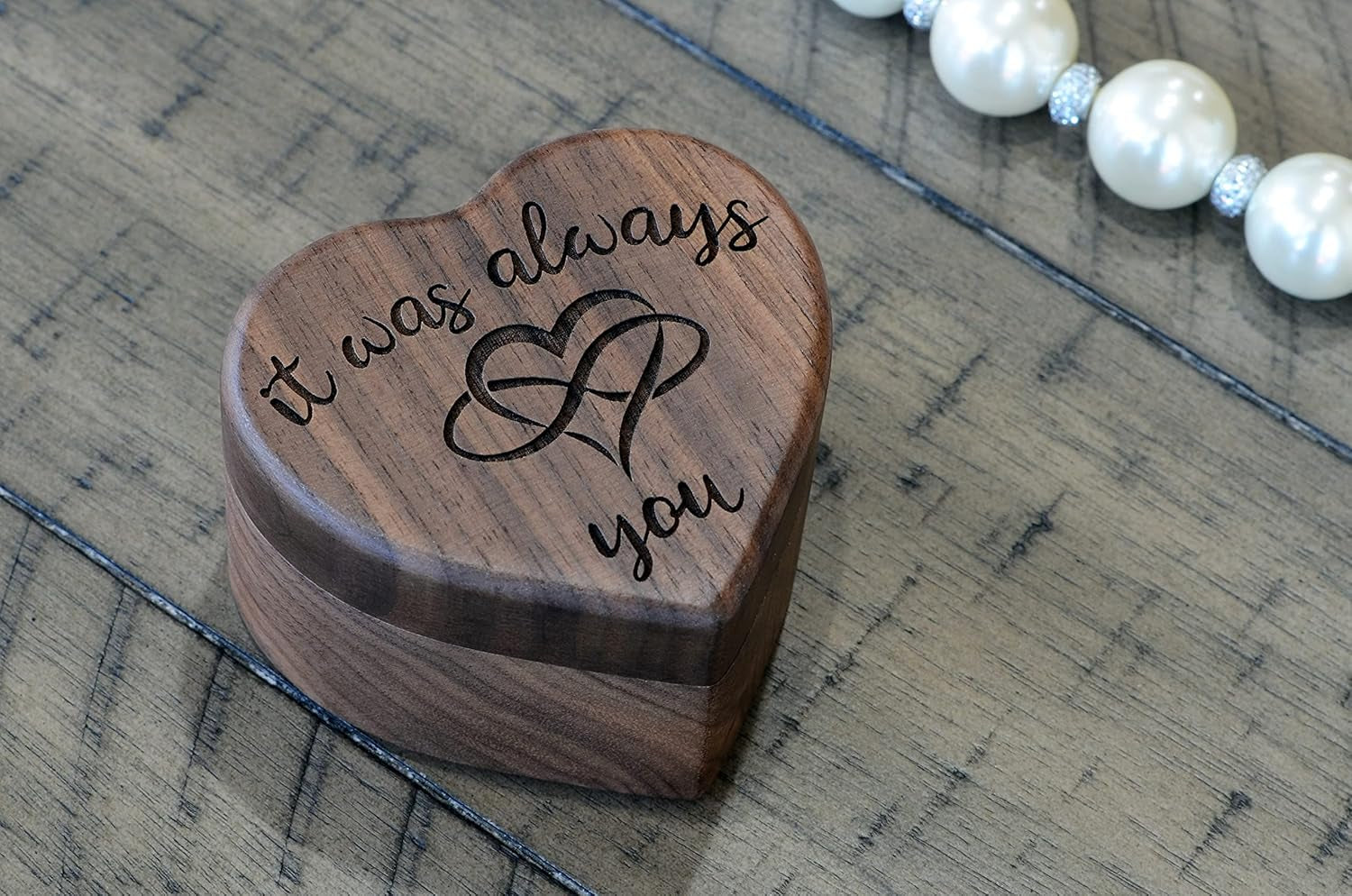 Engagement Ring Box for Proposal Pocket Size Walnut Wooden Heart Engraved (It Was Always You)