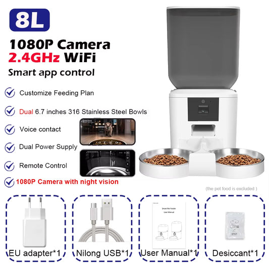 8L Automatic Cat Feeder with 1080P Camera Video Wifi Cat Food Dispenser Pet Smart Voice Recorder Remote Control Pet Auto Feeder