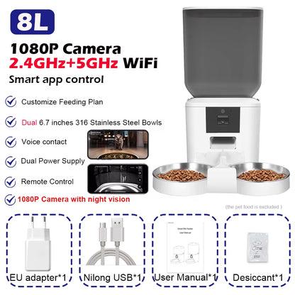 8L Automatic Cat Feeder with 1080P Camera Video Wifi Cat Food Dispenser Pet Smart Voice Recorder Remote Control Pet Auto Feeder