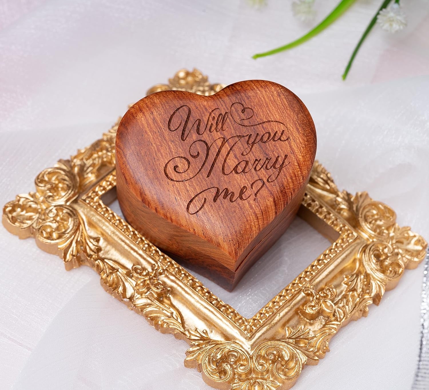 Ring Box Heart - Handmade Wooden Ring Box for Proposal, Engagement Ring Box Wood, Unique Proposal Ring Box Engraved with Will You Marry Me? (Heart Shape Ring Box)