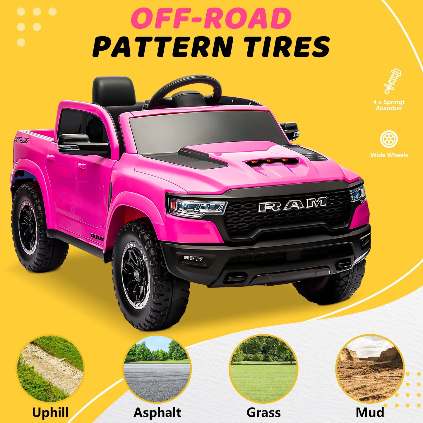 Dodge RAM Ride on Car, 12V Powered Ride on Toy with Remote Control, 4 Wheel Suspension, 5 Point Safety Belt, MP3 Player, Bluetooth, LED Lights, Electric Cars for 3-8 Years Boys Girls