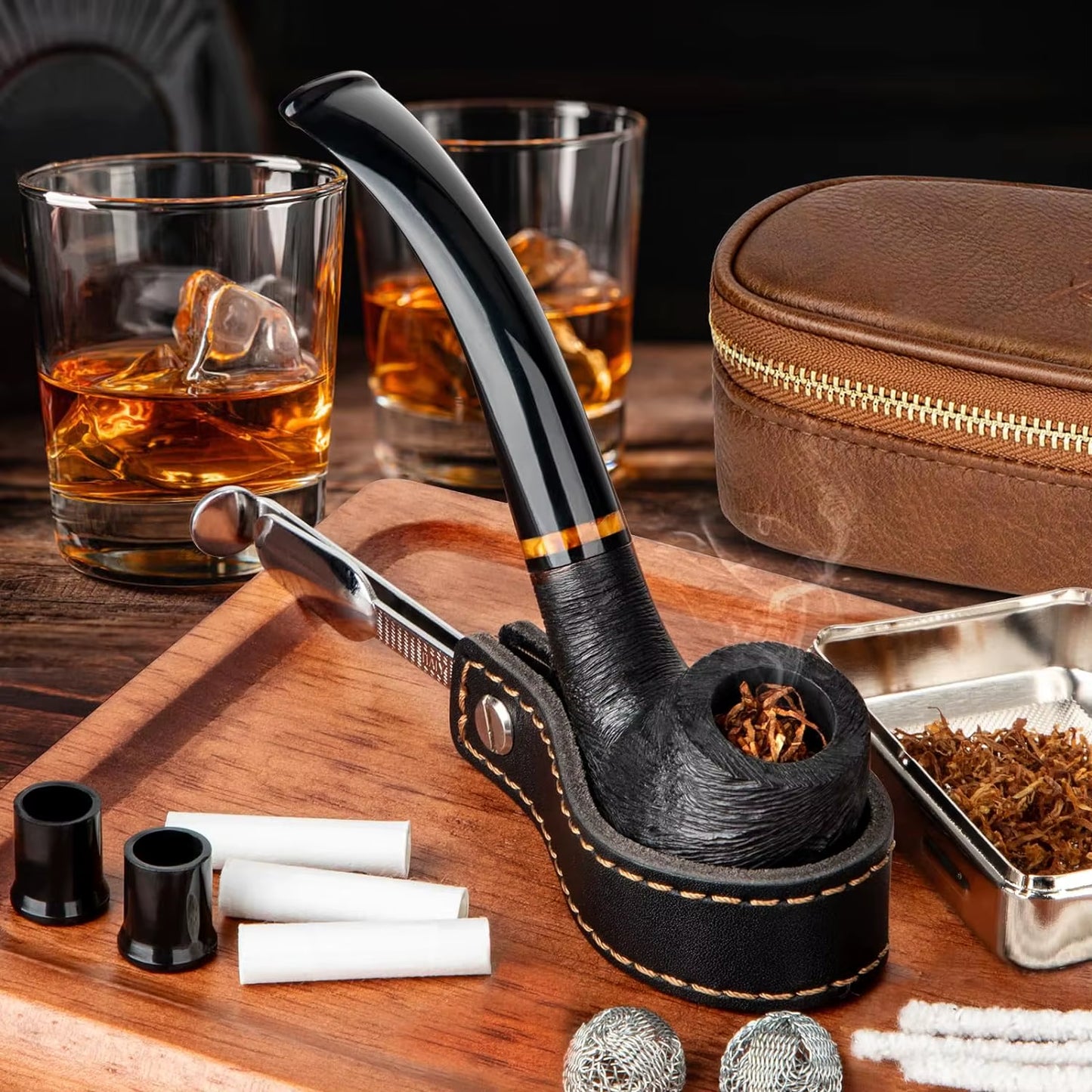 Smoking Pipe Set with PU Leather Pouch,Wood Pipe with 4-In-1 Pipe Stand Holder and Pipe Accessories,Beginner Pipe Kit