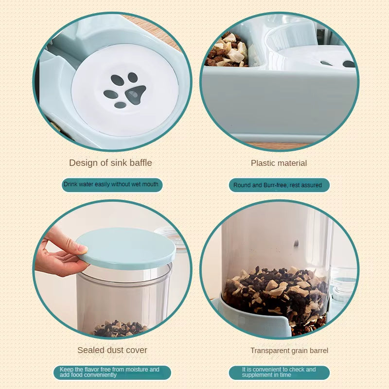 Automatic Cat Feeder Water Dispenser Set, 2 in 1 Tilted Automatic Pet Food and Water Feeder Gravity Food Feeder and Waterer