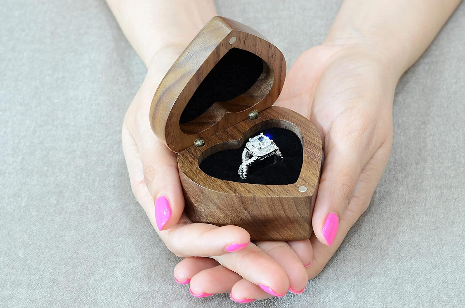 Engagement Ring Box for Proposal Pocket Size Walnut Wooden Heart Engraved (It Was Always You)