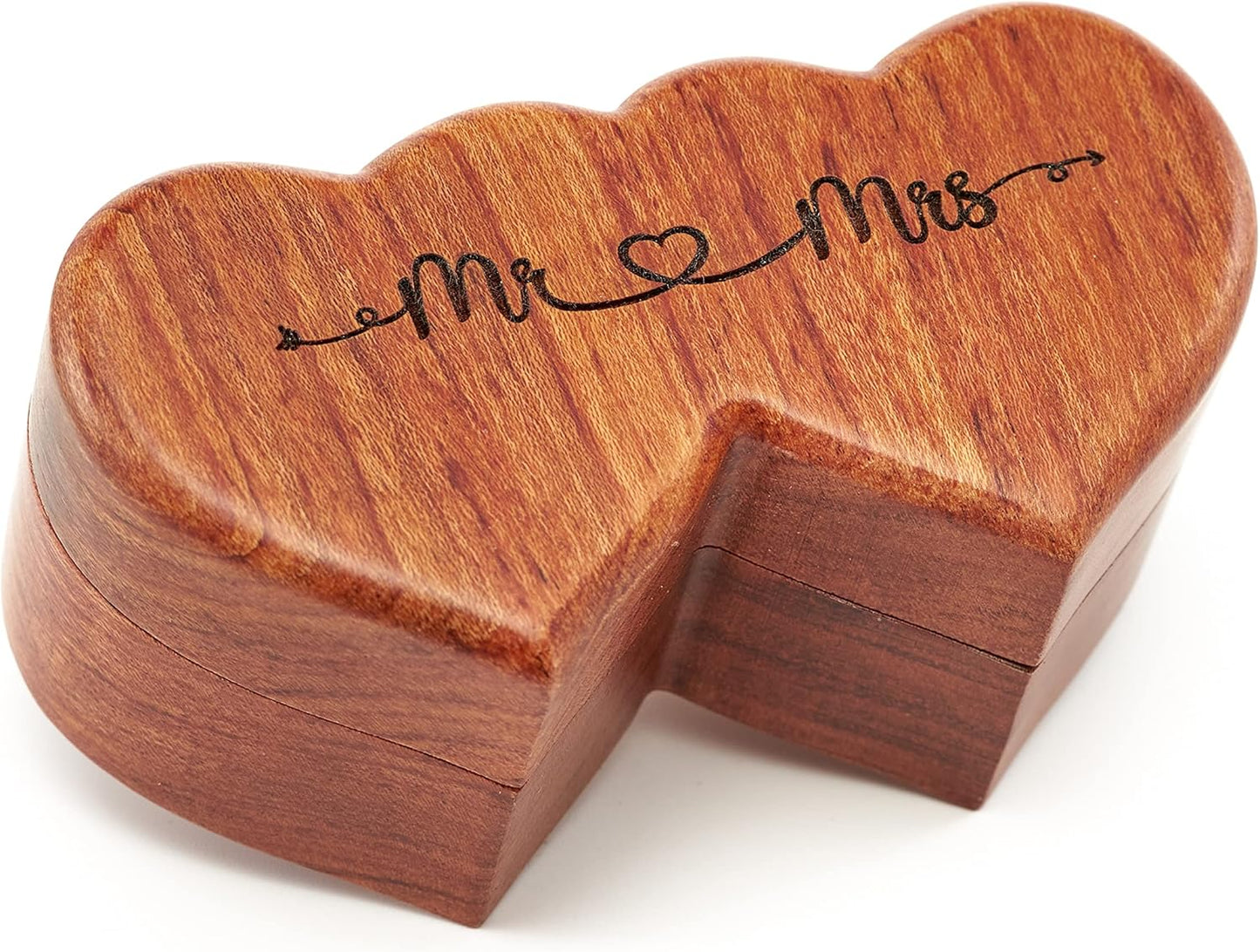 Ring Box Mr and Mrs – Handmade Heart Shape Ring Box for Wedding Ceremony, Wedding Ring Box Small Engraved for Engagement/Proposal, Rustic Ring Box (Wood Ring Holder)