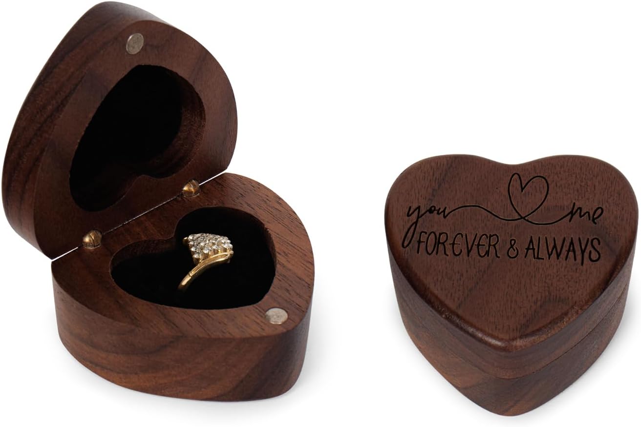 Wooden Heart Shape Ring Box Engraved for Proposal, Engagement, Wedding (Pattern F- Forever and Always)