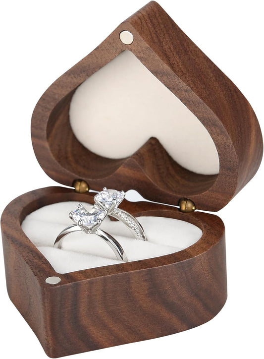 Wooden Heart Shape Ring Gift Box with Single Slot 2 Slot, Personalized Vintage Wood Jewelry Box for Proposal Engagement Wedding Ceremony Anniversary (White -2 Slot)