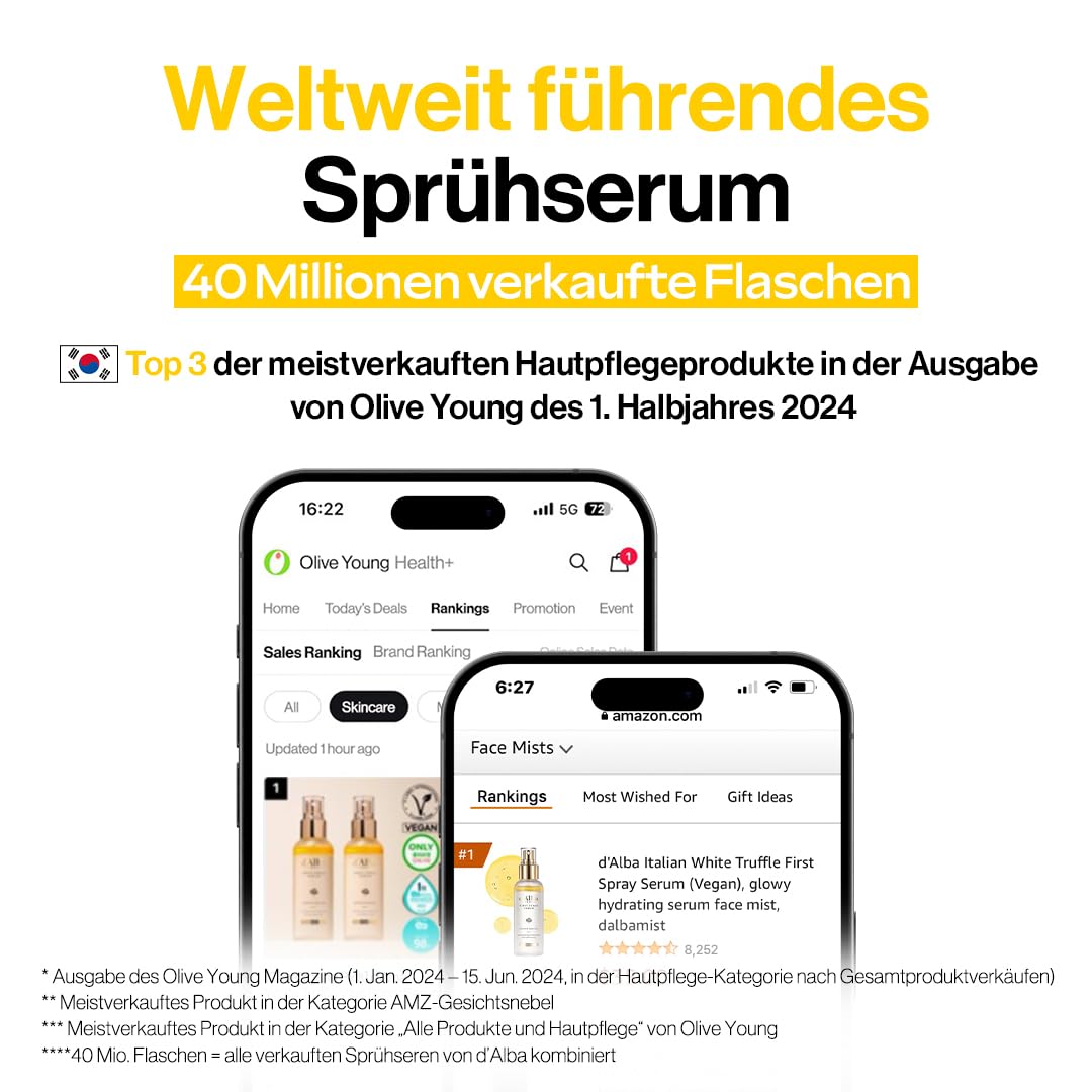 D'Alba Italian Weiß Trüffel First Spray Serum Sprühen Serum, Feuchtigkeitsspendendes-Gesichtssprühen, Tensidfreies, Sprühen Für Strahlende Haut, Hautberuhigendes, Vegan, Koreanische Hautpflege (100Ml)