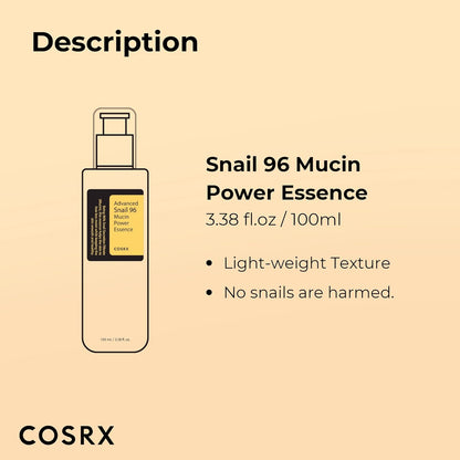 Snail Mucin 96% Power Repairing Essence 3.38 Fl.Oz 100Ml, Hydrating Serum for Face with Snail Secretion Filtrate for Dull Skin & Fine Lines, Korean Skin Care