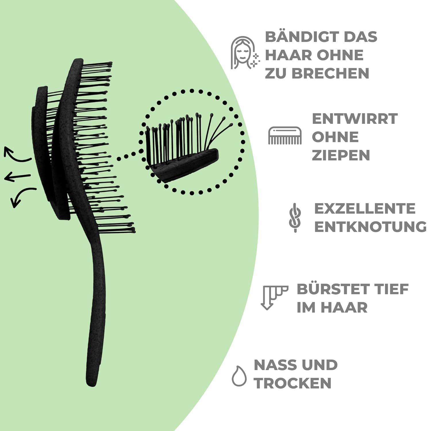 Ninabella Haarbürste Ohne Ziepen Für Damen, Herren & Kinder - Entwirrbürste Auch Für Locken & Lange Haare - Einzigartige Profi Detangler-Bürste Mit Spiralfeder - Schwarz