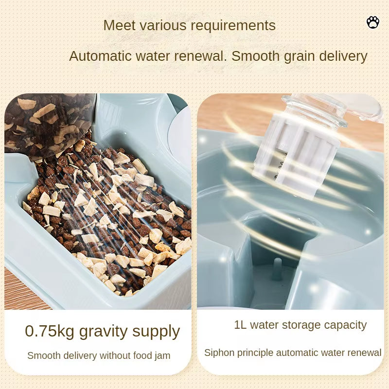 Automatic Cat Feeder Water Dispenser Set, 2 in 1 Tilted Automatic Pet Food and Water Feeder Gravity Food Feeder and Waterer