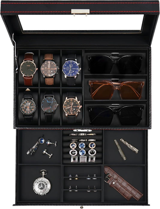 Watch Box Organizer, 6 Slot Watch Case & Sunglasses Organizer with Glass Lid, Lockable Jewelry Organizer Holder Box PU Leather Watch Holder Stand Storage with Drawer, Gift for Men Women