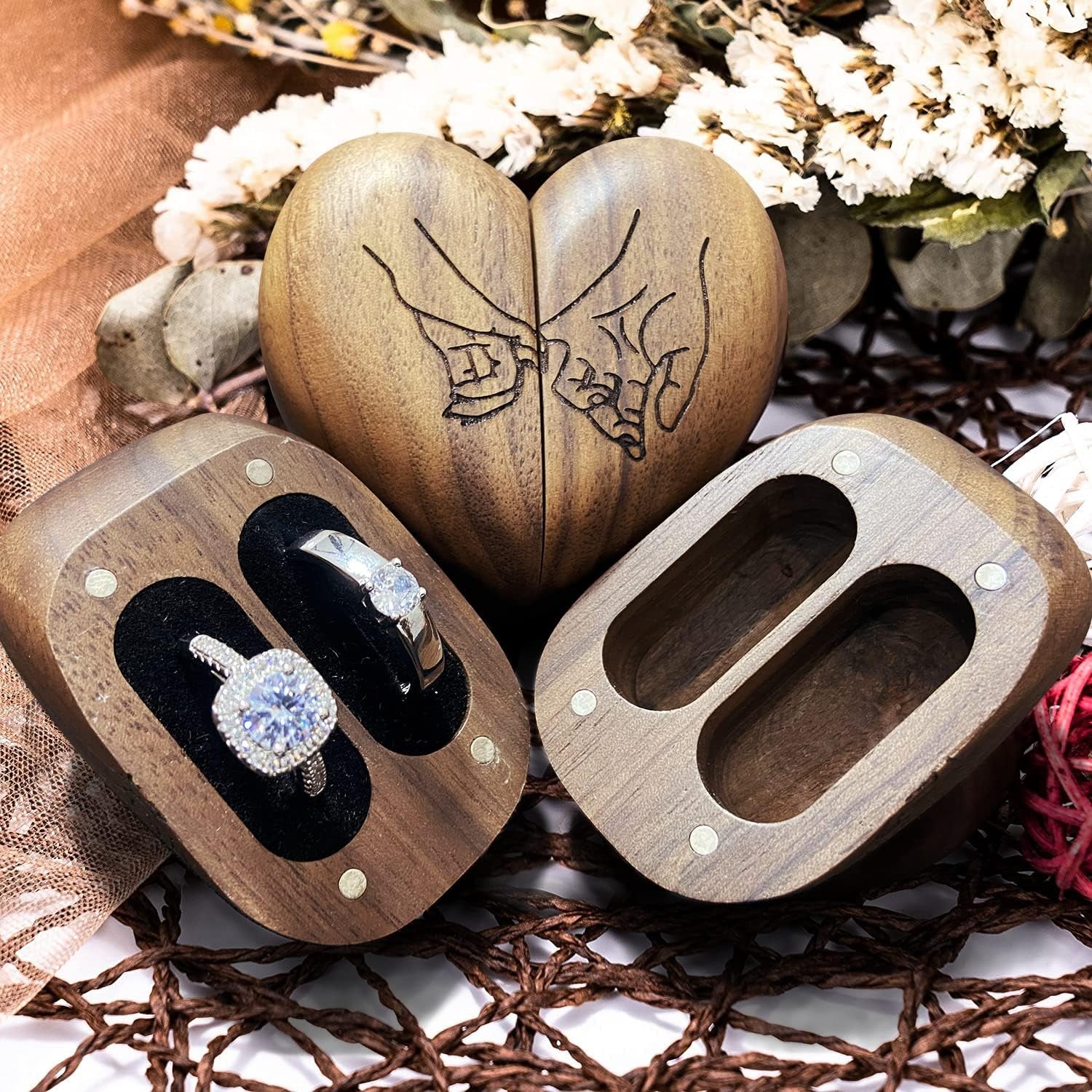 Wooden Ring Box for Wedding Ceremony-Heart Shaped Ring Box- Solid Wood Double Ring Bearer Box-Engraved Vintage Ring Box (Walnut)