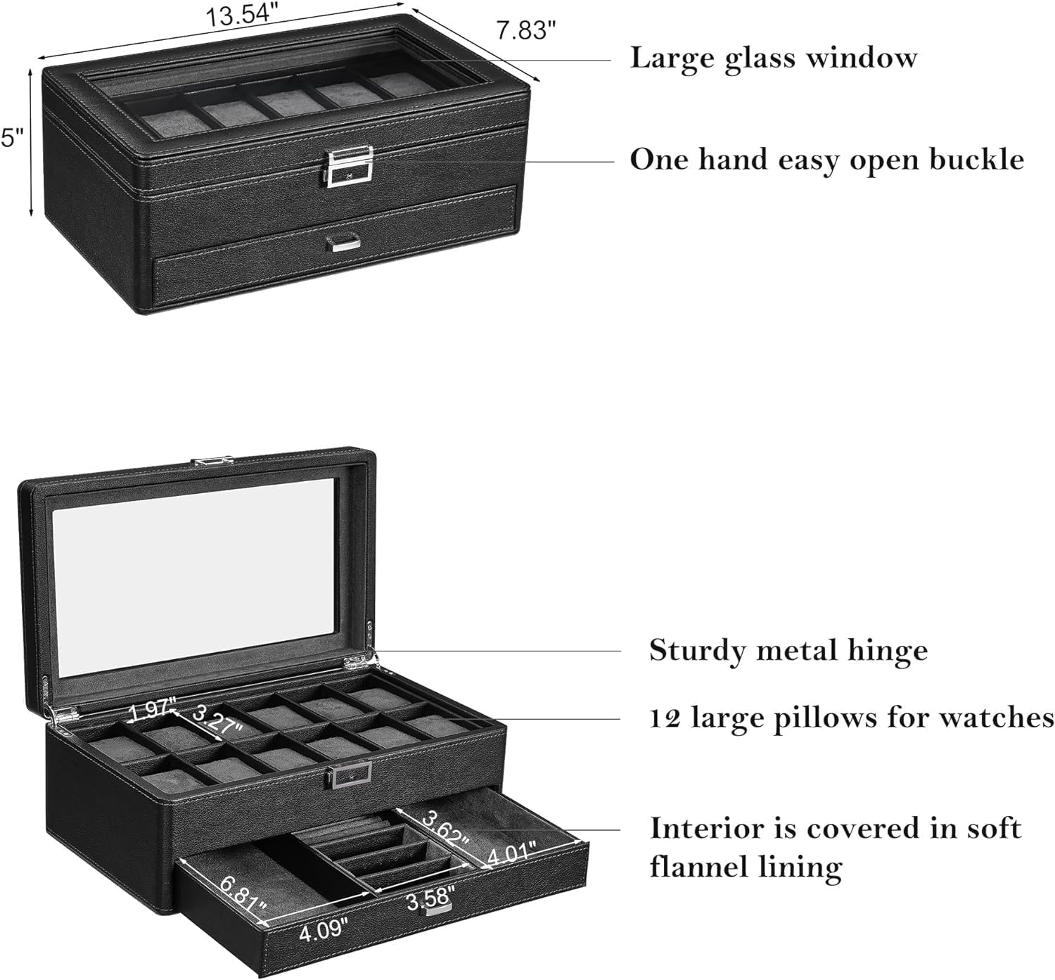 12 Watch Box with Valet Drawer, Luxury Watch Case Jewelry Organizer, Leather Watch Organizer for Men Women, Real Glass Top, Metal Hinge, Black SSH02L