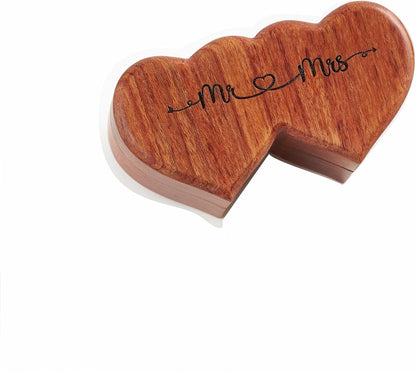 Ring Box Mr and Mrs – Handmade Heart Shape Ring Box for Wedding Ceremony, Wedding Ring Box Small Engraved for Engagement/Proposal, Rustic Ring Box (Wood Ring Holder)