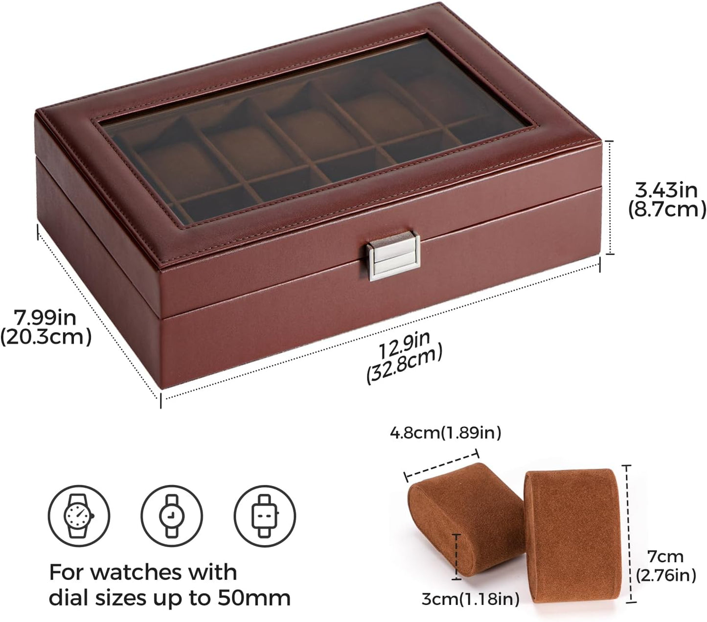 Watch Box Organizer for Men, 12 Slot Watch Display Case with Glass Lid, PU Leather Watch Storage Mens Watch Case, Watch Holder Organizer for Men Women -12 Slot, Brown