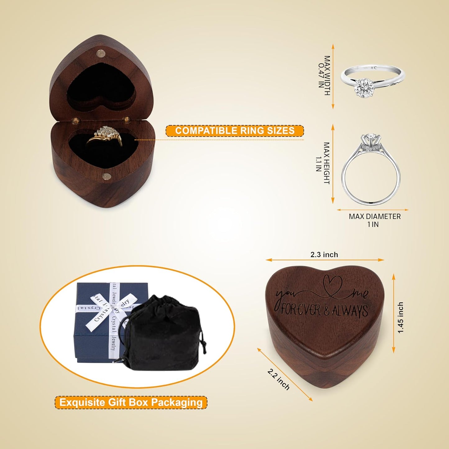 Wooden Heart Shape Ring Box Engraved for Proposal, Engagement, Wedding (Pattern F- Forever and Always)