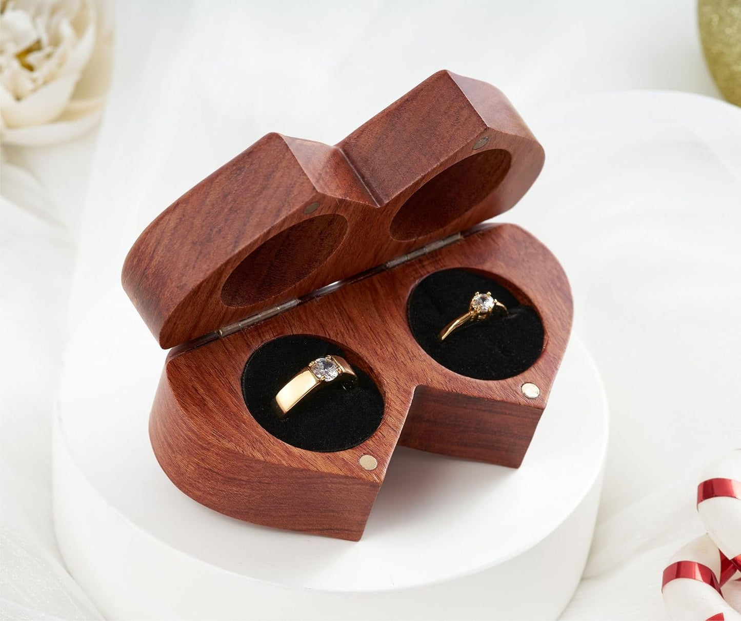 Ring Box Mr and Mrs – Handmade Heart Shape Ring Box for Wedding Ceremony, Wedding Ring Box Small Engraved for Engagement/Proposal, Rustic Ring Box (Wood Ring Holder)