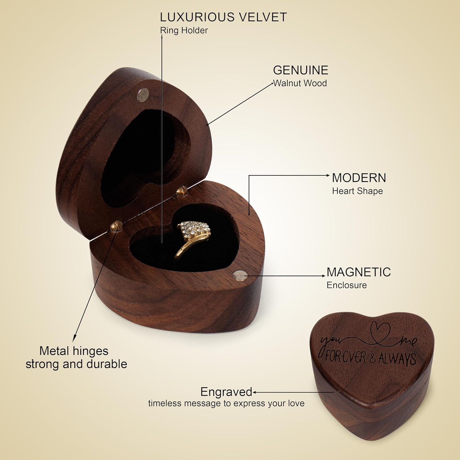 Wooden Heart Shape Ring Box Engraved for Proposal, Engagement, Wedding (Pattern F- Forever and Always)