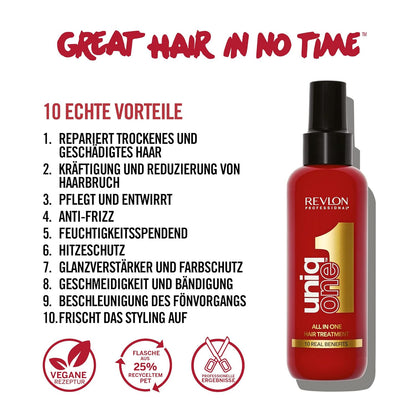 REVLON PROFESSIONAL Uniqone Hair Treatment Classic, 150 Ml, Leave in Haarkur Für Bessere Kämmbarkeit & Glanz, Haarpflege Ohne Ausspülen, anti Frizz Spray Mit Hitzeschutz, Vegan