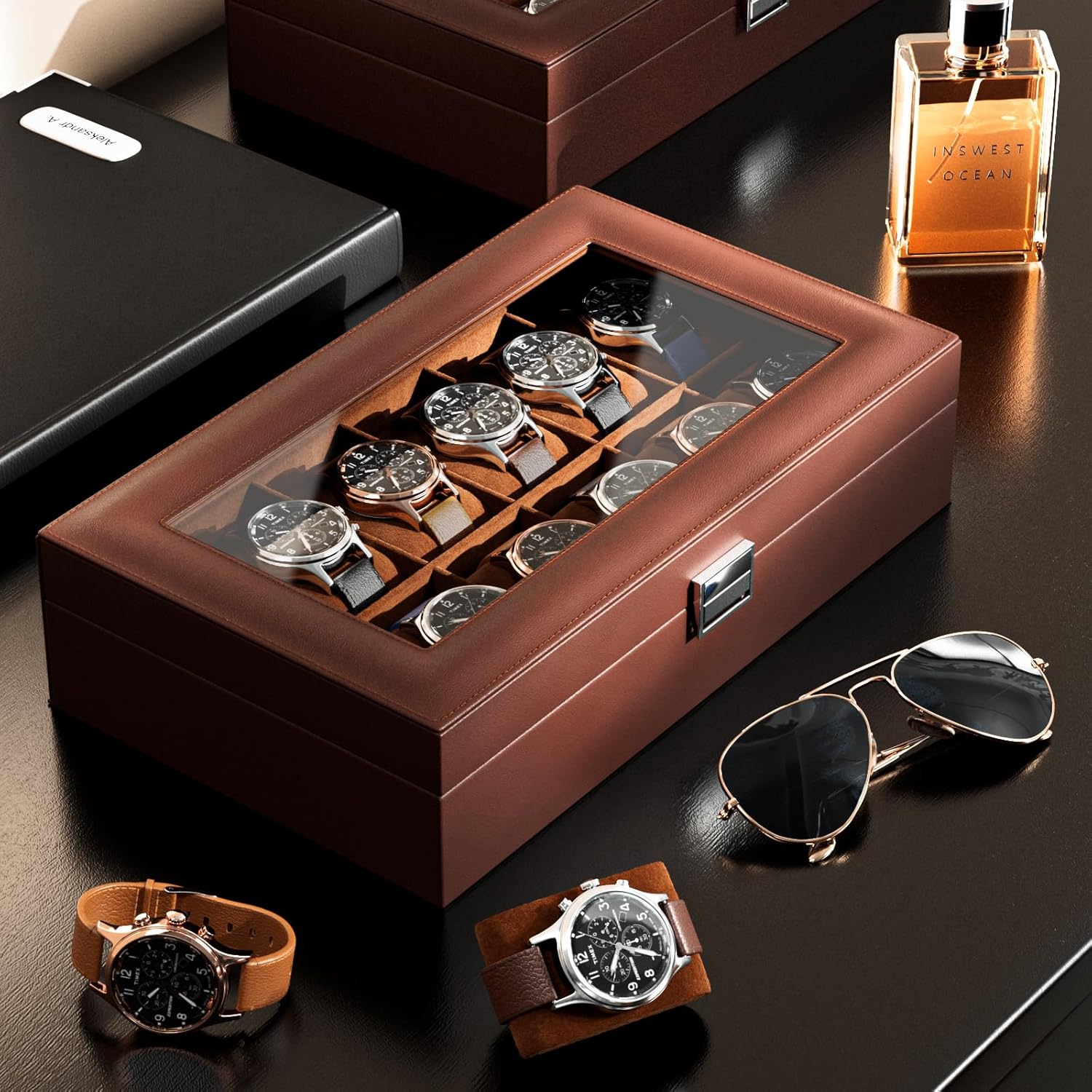 Watch Box Organizer for Men, 12 Slot Watch Display Case with Glass Lid, PU Leather Watch Storage Mens Watch Case, Watch Holder Organizer for Men Women -12 Slot, Brown