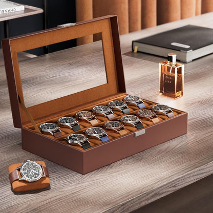 Watch Box Organizer for Men, 12 Slot Watch Display Case with Glass Lid, PU Leather Watch Storage Mens Watch Case, Watch Holder Organizer for Men Women -12 Slot, Brown