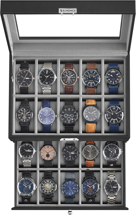 20-Slot Watch Box, Watch Case with Glass Lid, 2 Layers, Lockable Watch Display Case, Christmas Gift, Black Synthetic Leather, Gray Lining UJWB006