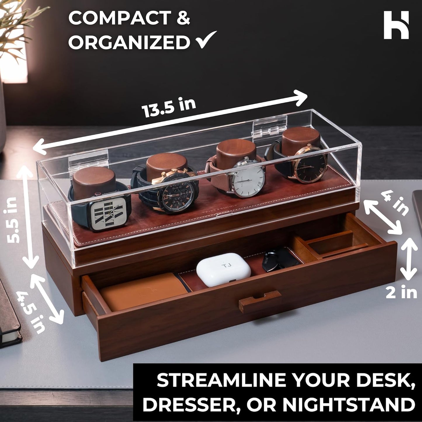 The Watch Deck Pro: Made to Show off Your Collection — Stylish Display Case for 4 Watches – Christmas Gift for Men – Accessory Drawer, Wooden Posts & Leather Lining – Men’S Watch Box & Watch Case