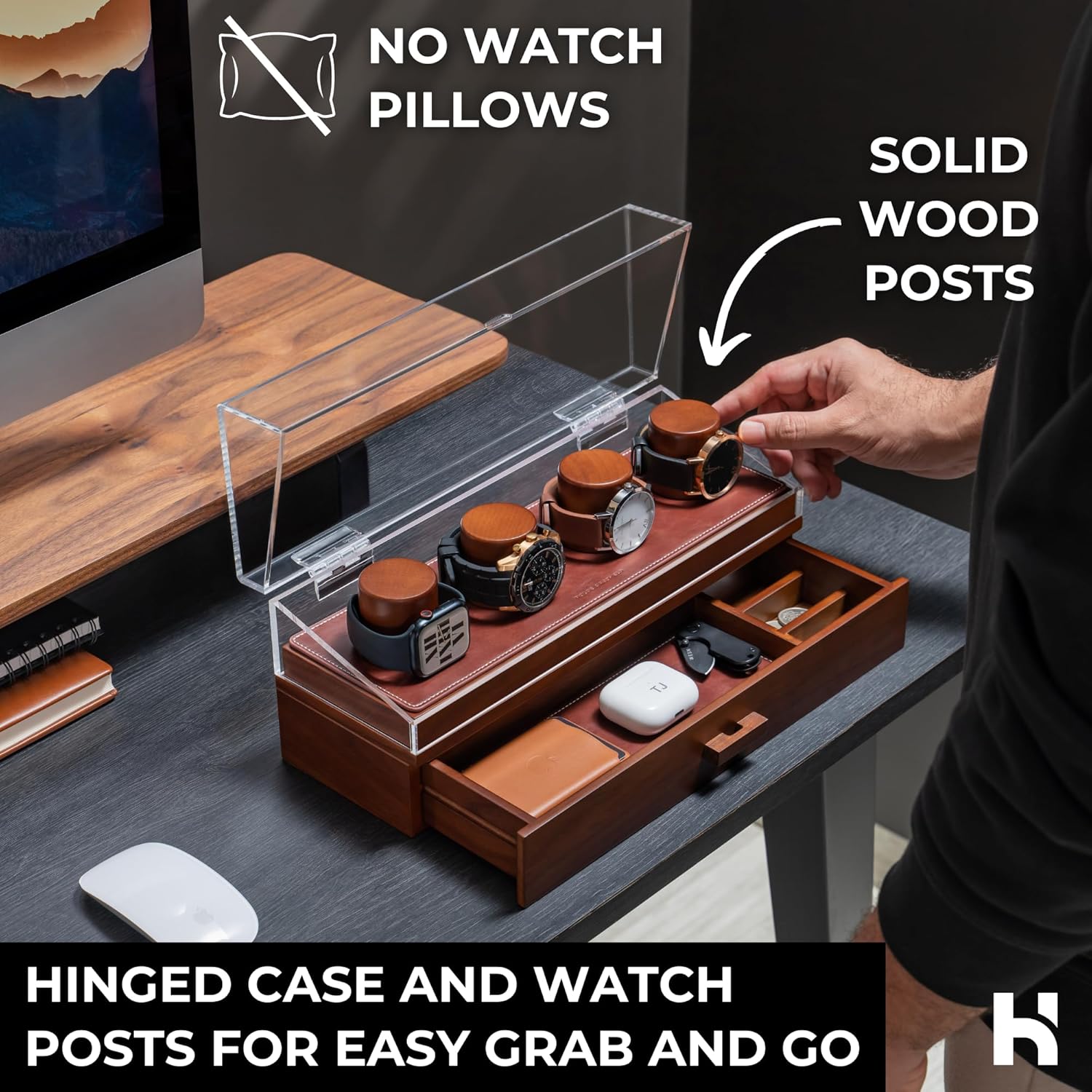 The Watch Deck Pro: Made to Show off Your Collection — Stylish Display Case for 4 Watches – Christmas Gift for Men – Accessory Drawer, Wooden Posts & Leather Lining – Men’S Watch Box & Watch Case