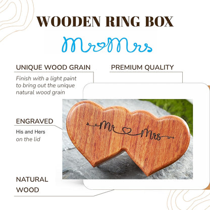 Ring Box Mr and Mrs – Handmade Heart Shape Ring Box for Wedding Ceremony, Wedding Ring Box Small Engraved for Engagement/Proposal, Rustic Ring Box (Wood Ring Holder)