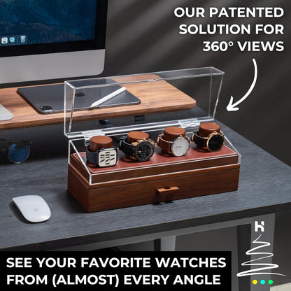 The Watch Deck Pro: Made to Show off Your Collection — Stylish Display Case for 4 Watches – Christmas Gift for Men – Accessory Drawer, Wooden Posts & Leather Lining – Men’S Watch Box & Watch Case