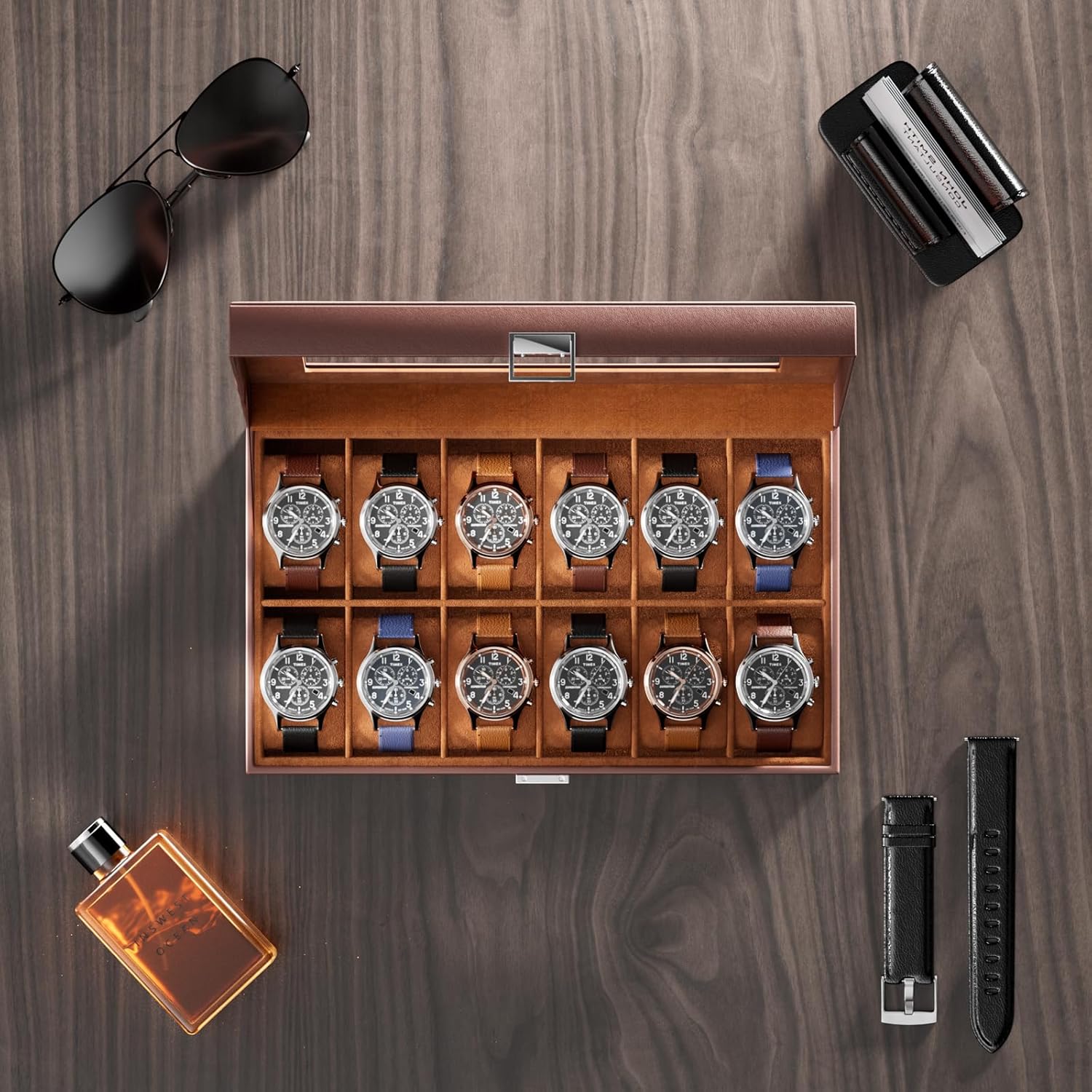 Watch Box Organizer for Men, 12 Slot Watch Display Case with Glass Lid, PU Leather Watch Storage Mens Watch Case, Watch Holder Organizer for Men Women -12 Slot, Brown