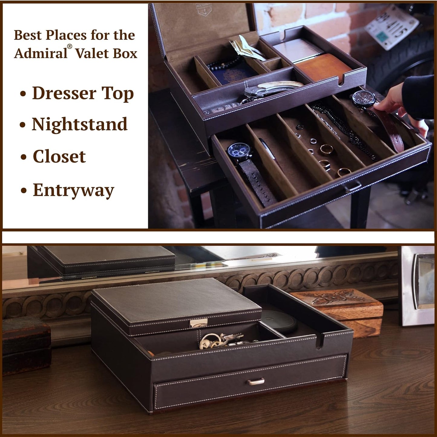 Mens Watch Box Leather Valet Tray - Bedside Table Organizer, Men'S Jewelry Box, Watch Case for Men with Large Smartphone Charging Station - Jewelry Box for Men with Valet Box and Nightstand Organizer