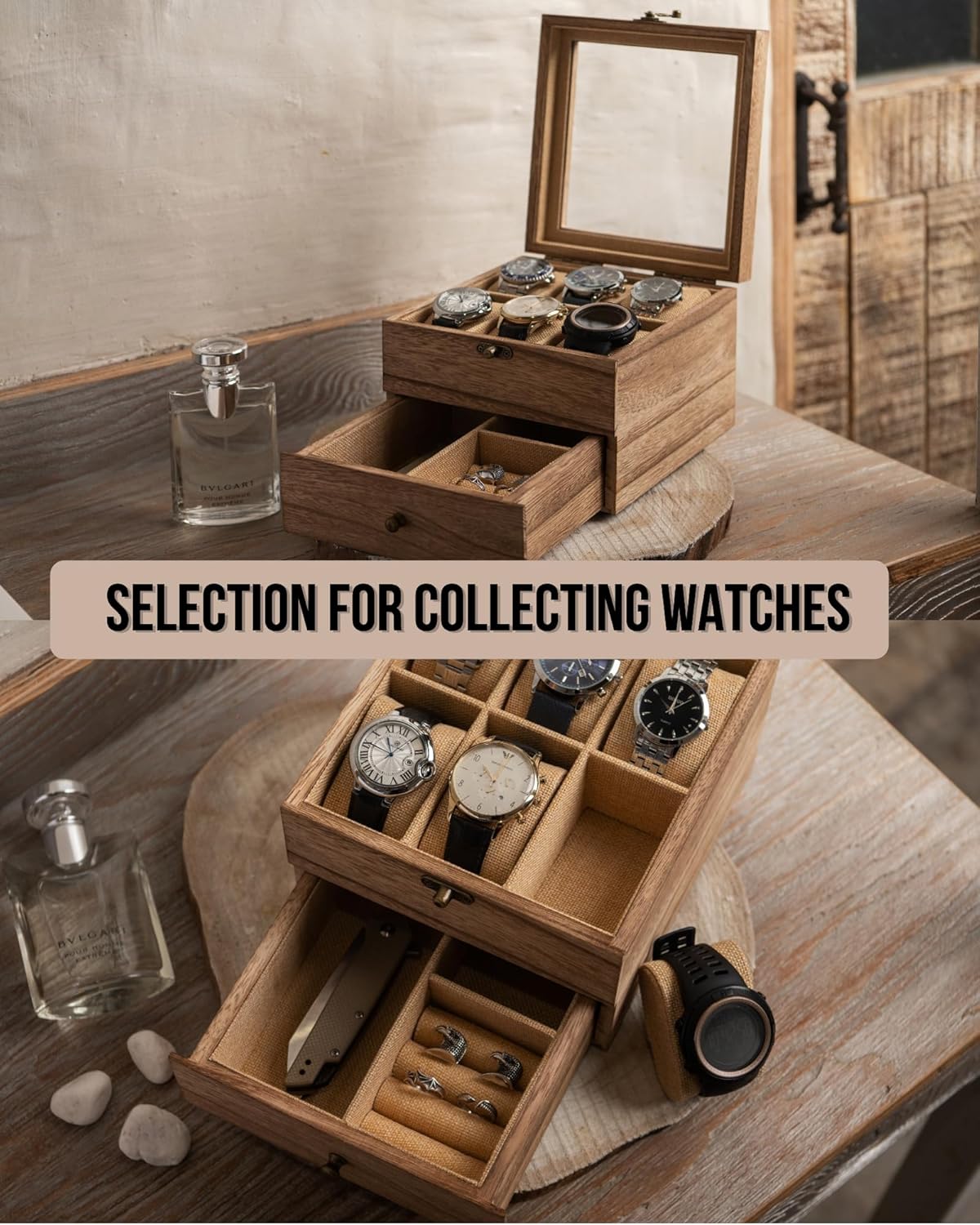 Watch Box, Watch Case for Men Women with Large Glass Lid, Wooden Watch Display Storage Box with 2 - Layers & 6 - Slots, Wood Mens Watch Box Organizer