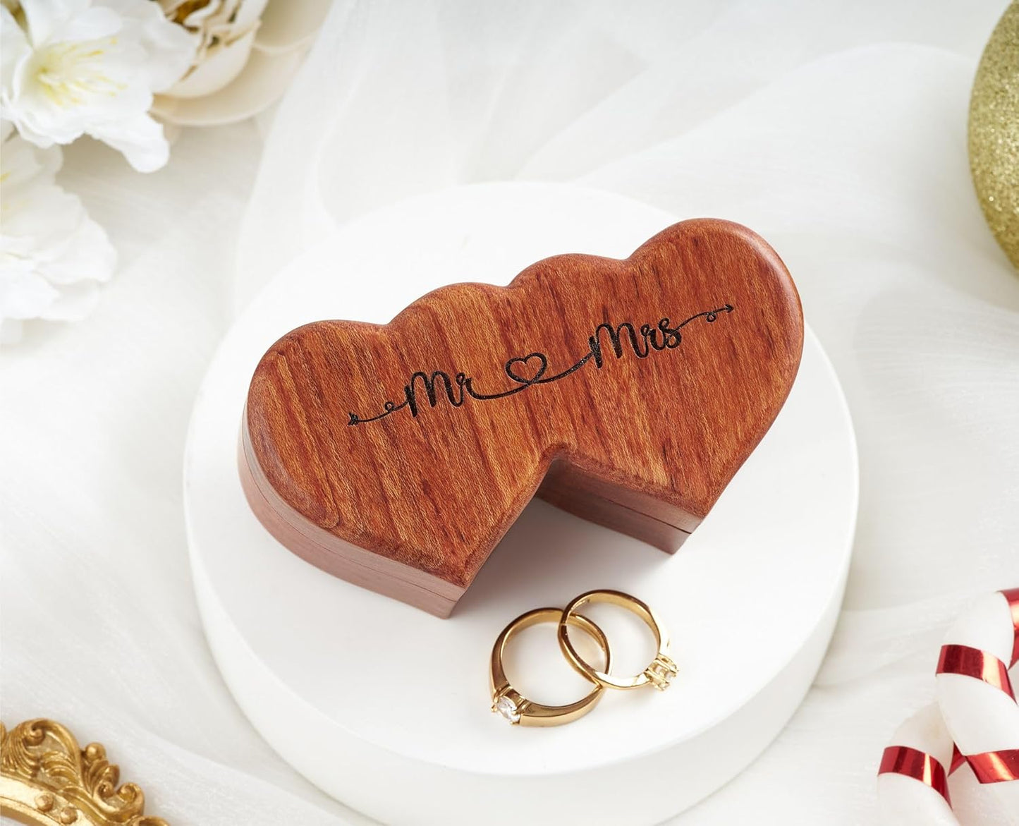 Ring Box Mr and Mrs – Handmade Heart Shape Ring Box for Wedding Ceremony, Wedding Ring Box Small Engraved for Engagement/Proposal, Rustic Ring Box (Wood Ring Holder)