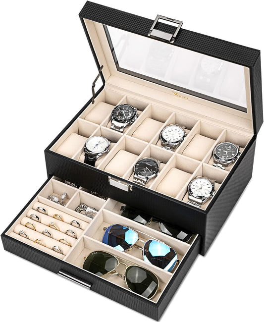 Jewelry Box Organizer for Men Women, 2 Layer Large 12 Slot PU Leather Watch Storage Case, Glass Top Jewelry Display Holder for Watches Sunglasses Rings Necklaces Bracelets,Black