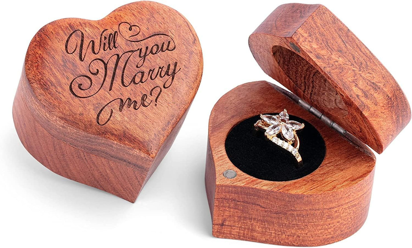 Ring Box Heart - Handmade Wooden Ring Box for Proposal, Engagement Ring Box Wood, Unique Proposal Ring Box Engraved with Will You Marry Me? (Heart Shape Ring Box)